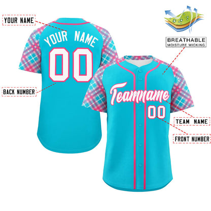 Custom Sky Blue White-Pink Personalized Raglan Sleeves Authentic Baseball Jersey