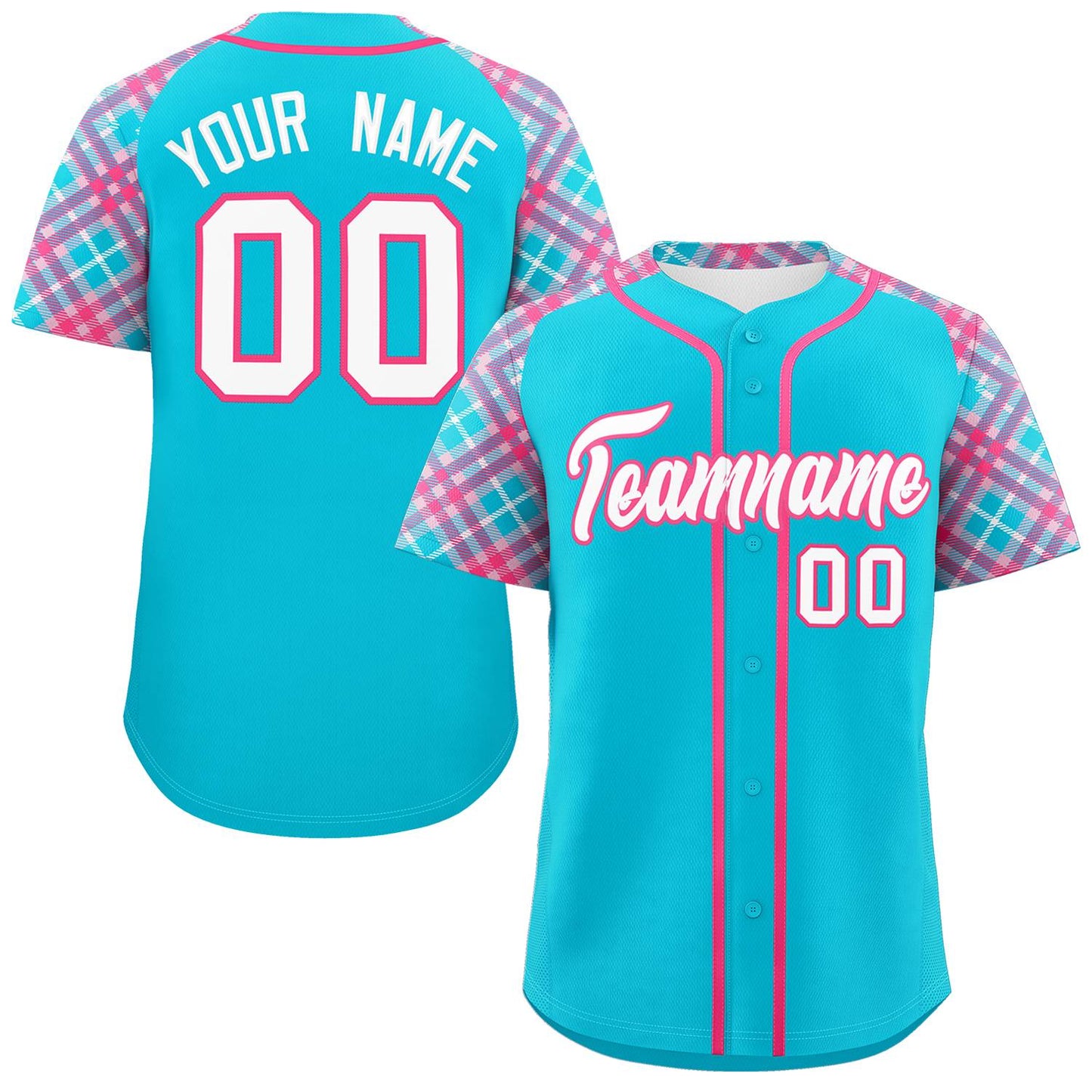 Custom Sky Blue White-Pink Personalized Raglan Sleeves Authentic Baseball Jersey