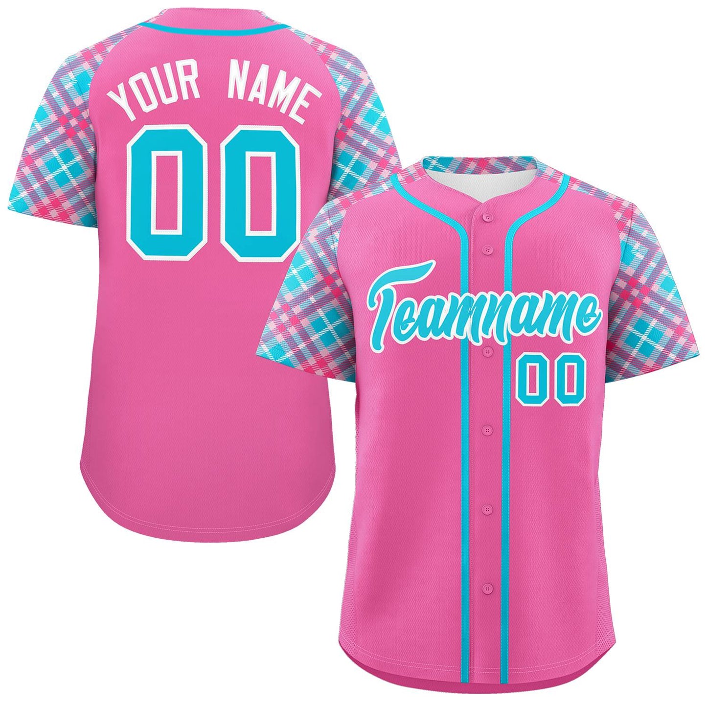 Custom Pink Sky Blue-White Personalized Raglan Sleeves Authentic Baseball Jersey