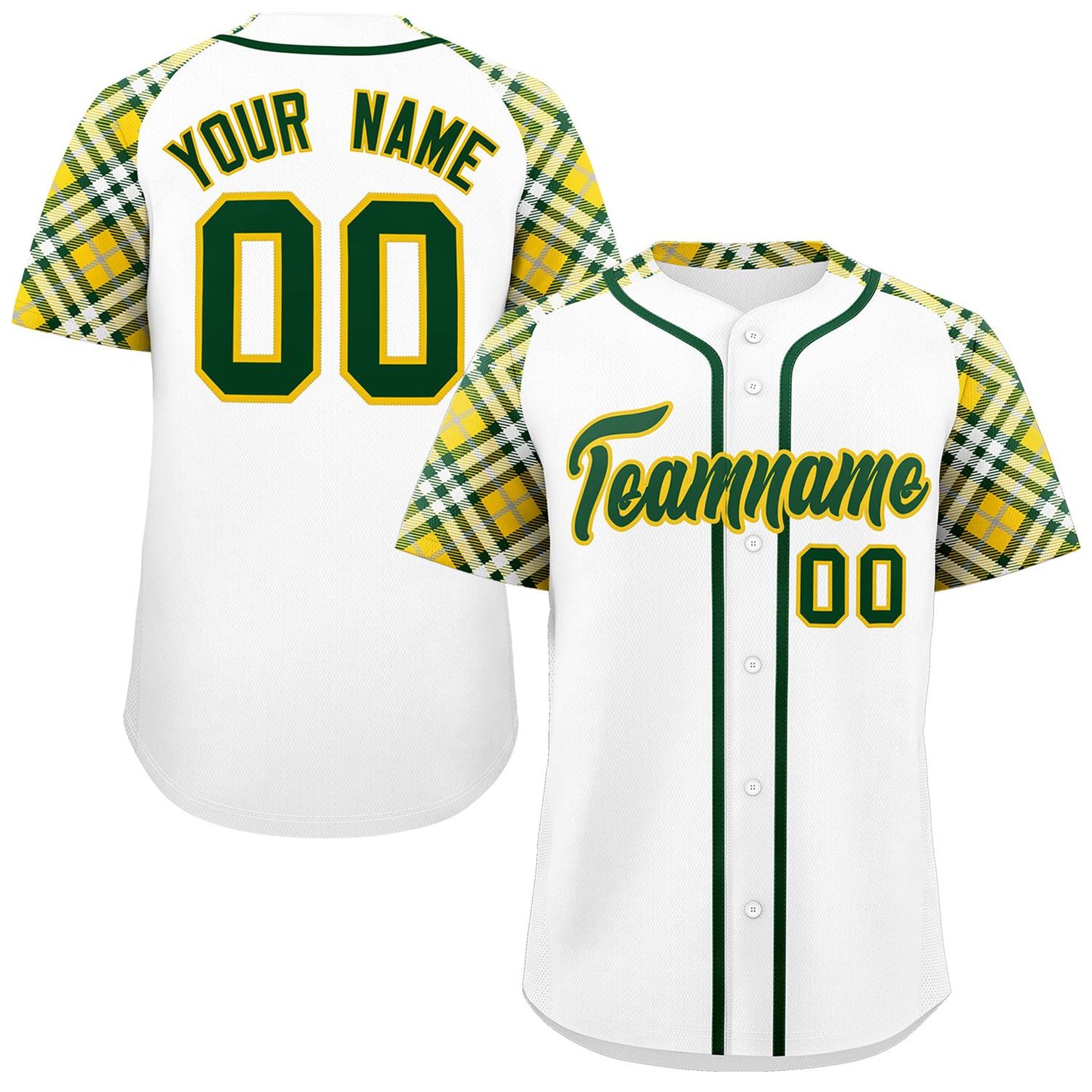 Custom White Green-Gold Personalized Raglan Sleeves Authentic Baseball Jersey