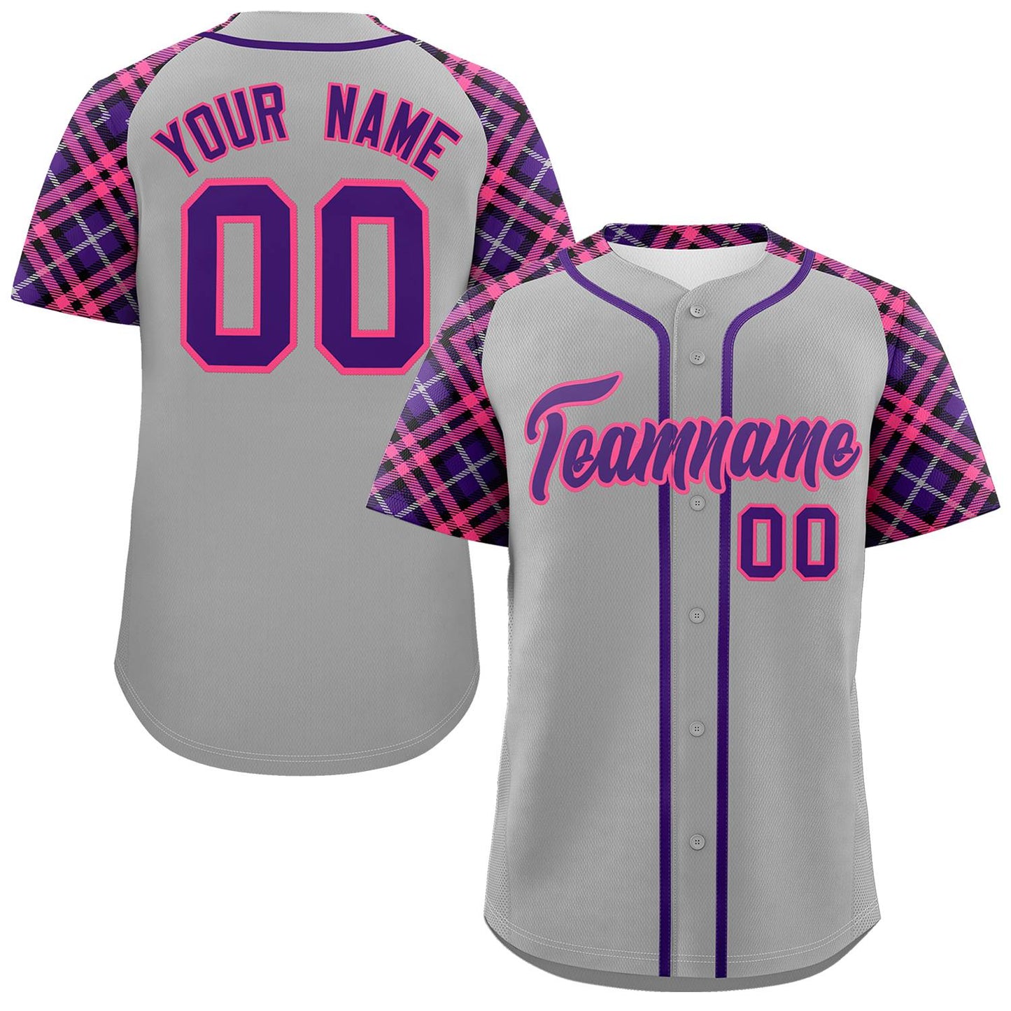 Custom Gray Purple-Pink Personalized Raglan Sleeves Authentic Baseball Jersey