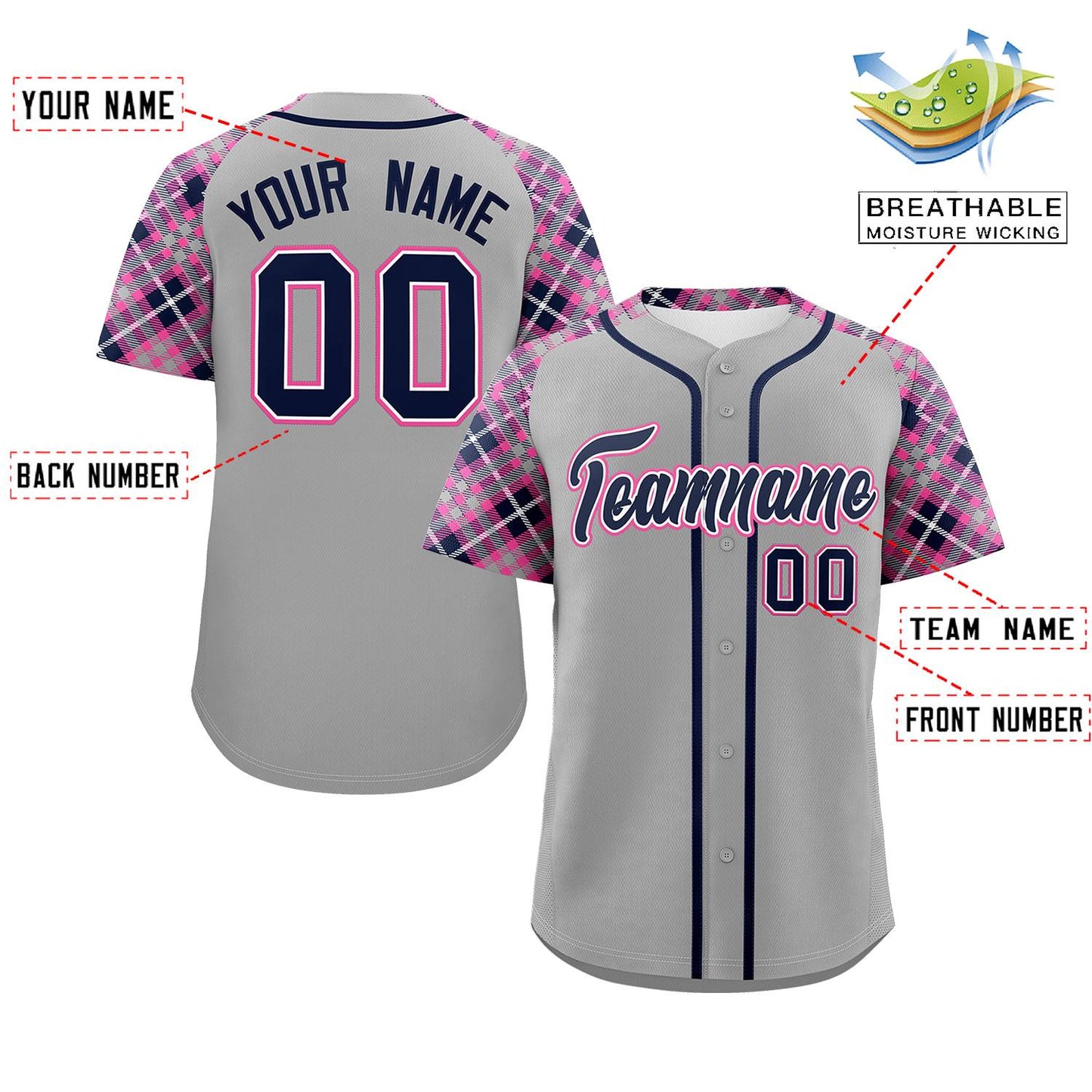 Custom Gray Navy-Pink Personalized Raglan Sleeves Authentic Baseball Jersey