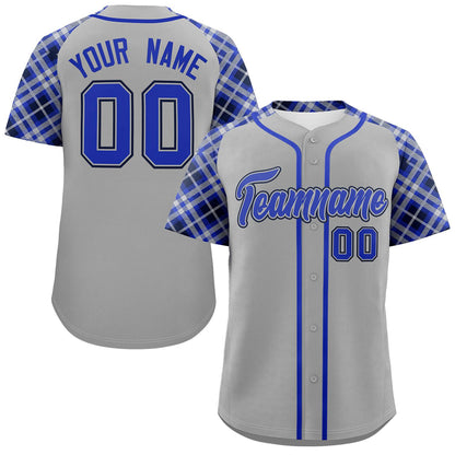 Custom Gray Royal-Navy Personalized Raglan Sleeves Authentic Baseball Jersey