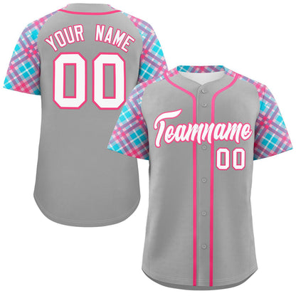 Custom Gray White-Pink Personalized Raglan Sleeves Authentic Baseball Jersey