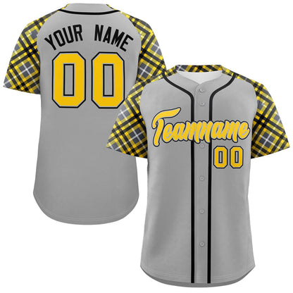 Custom Gray Gold-Black Personalized Raglan Sleeves Authentic Baseball Jersey