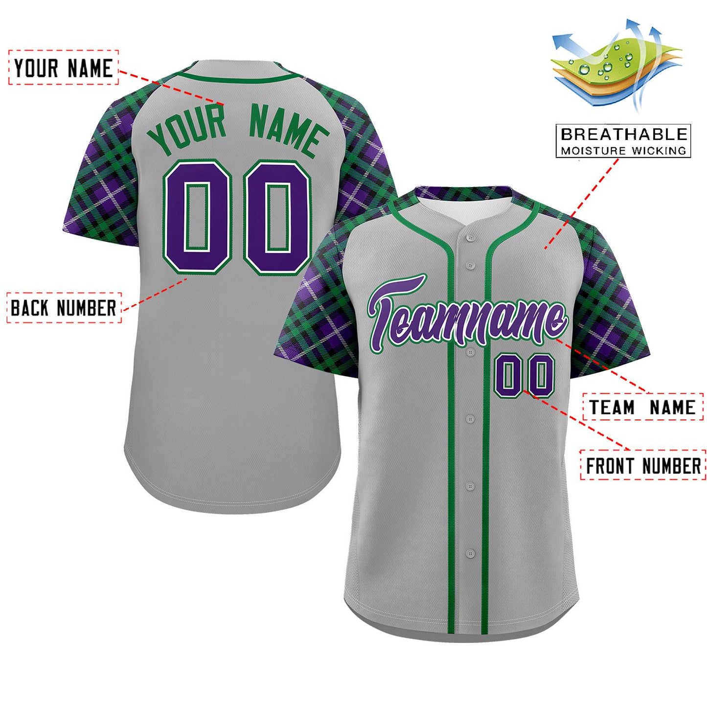 Custom Gray Purple-Teal Personalized Raglan Sleeves Authentic Baseball Jersey