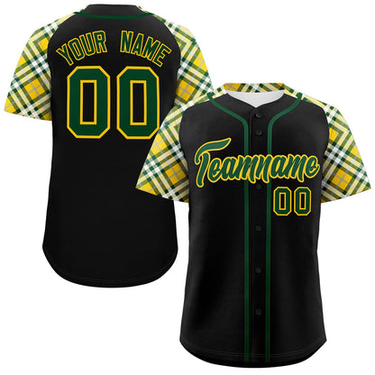 Custom Black Green-Gold Personalized Raglan Sleeves Authentic Baseball Jersey