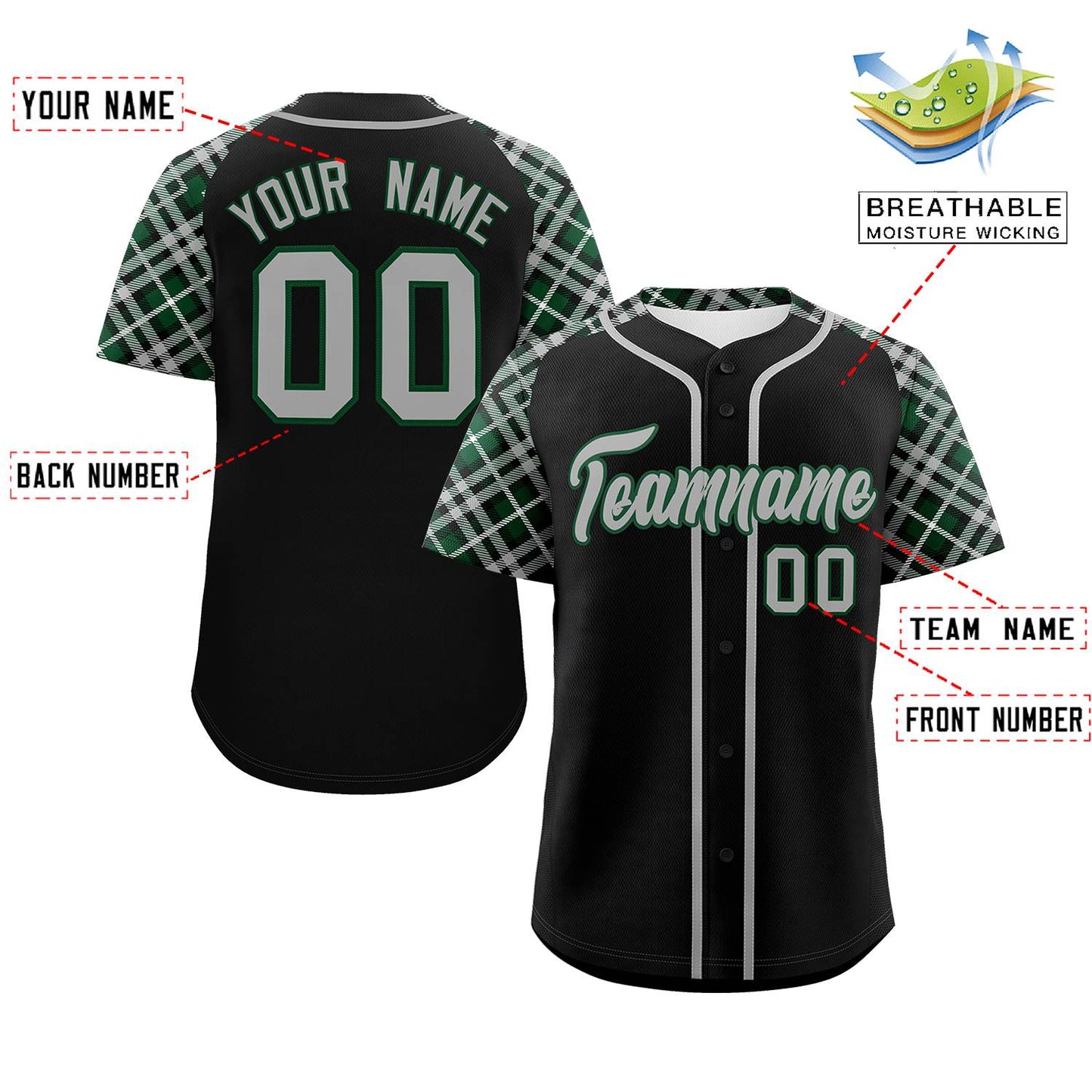 Custom Black Gray-Green Personalized Raglan Sleeves Authentic Baseball Jersey