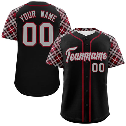 Custom Black Navy-Crimson Personalized Raglan Sleeves Authentic Baseball Jersey