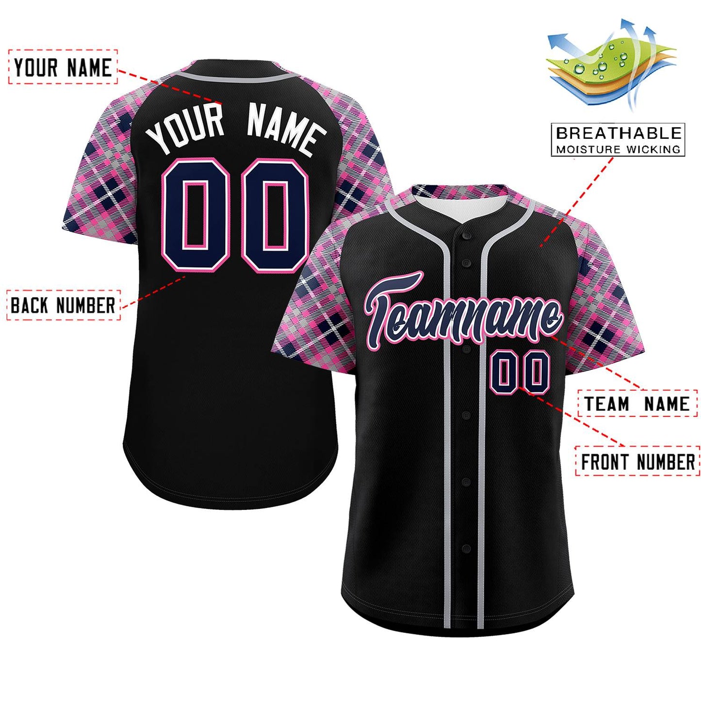 Custom Black Navy-Pink Personalized Raglan Sleeves Authentic Baseball Jersey