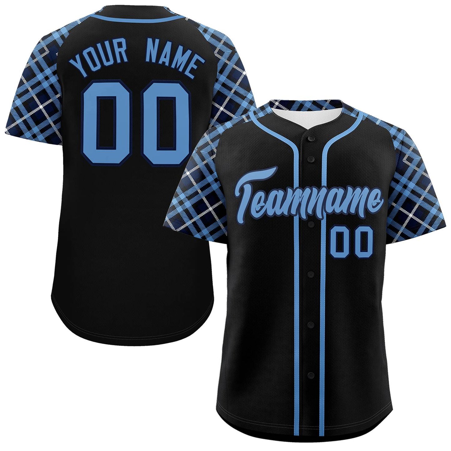 Custom Black Light Blue-Navy Personalized Raglan Sleeves Authentic Baseball Jersey