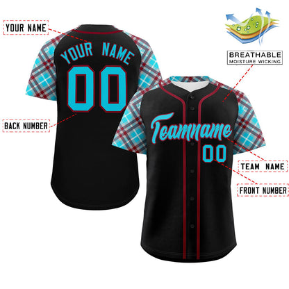 Custom Black Sky Blue-Crimson Personalized Raglan Sleeves Authentic Baseball Jersey