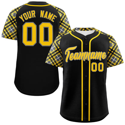 Custom Black Gold-Gray Personalized Raglan Sleeves Authentic Baseball Jersey