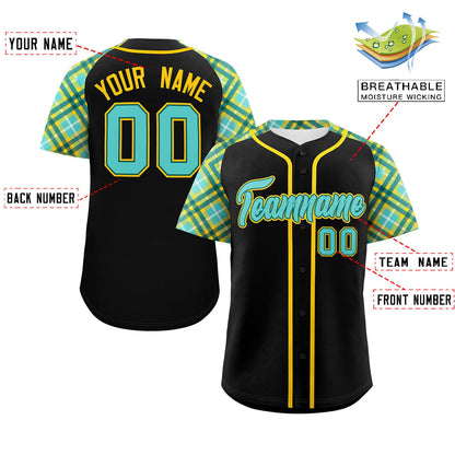 Custom Black Bright Green-Gold Personalized Raglan Sleeves Authentic Baseball Jersey