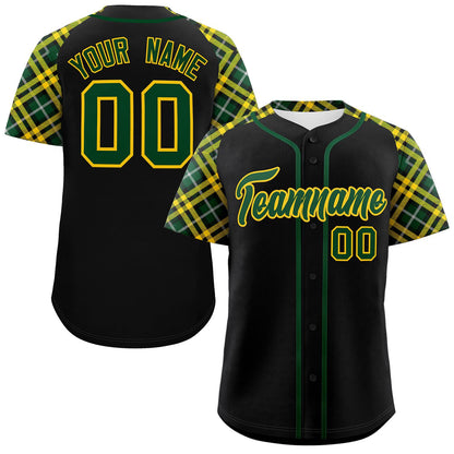 Custom Black Green-Gold Personalized Raglan Sleeves Authentic Baseball Jersey