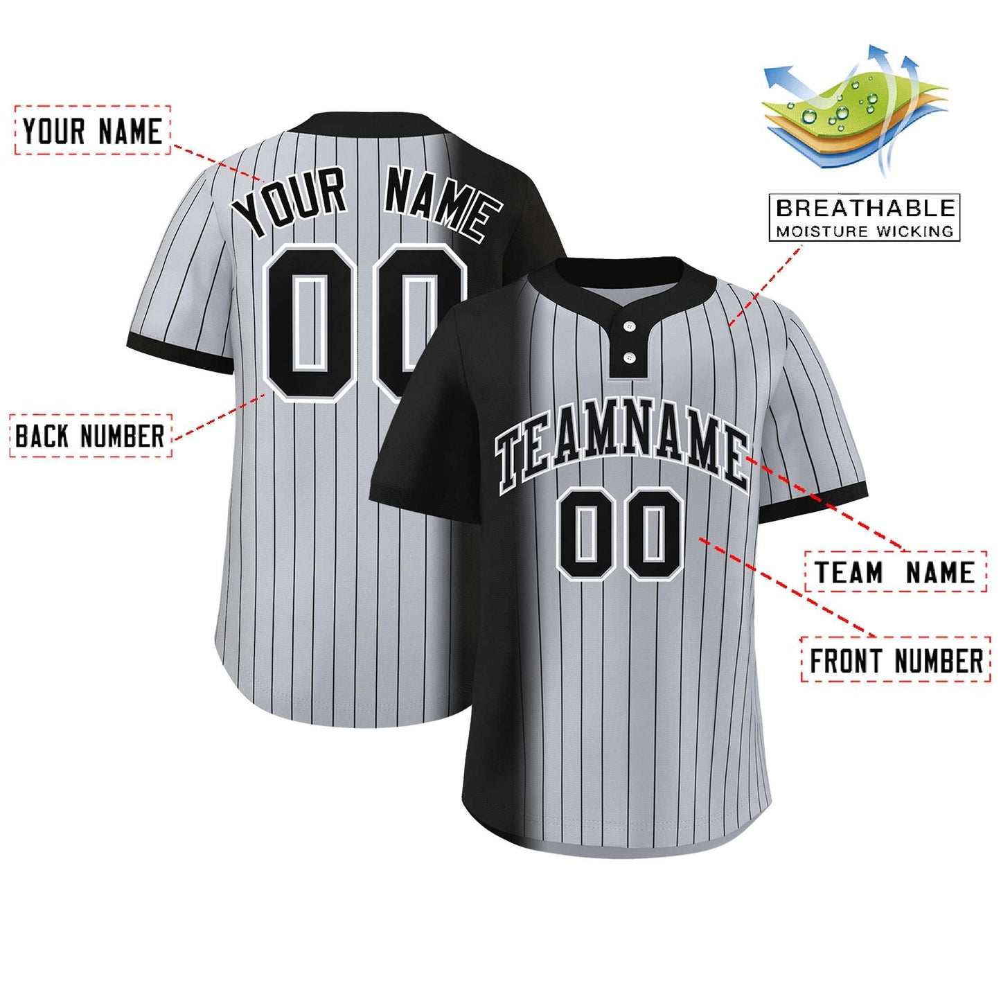 Custom Black Gray Gradient Stripe Fashion Authentic Two-Button Baseball Jersey