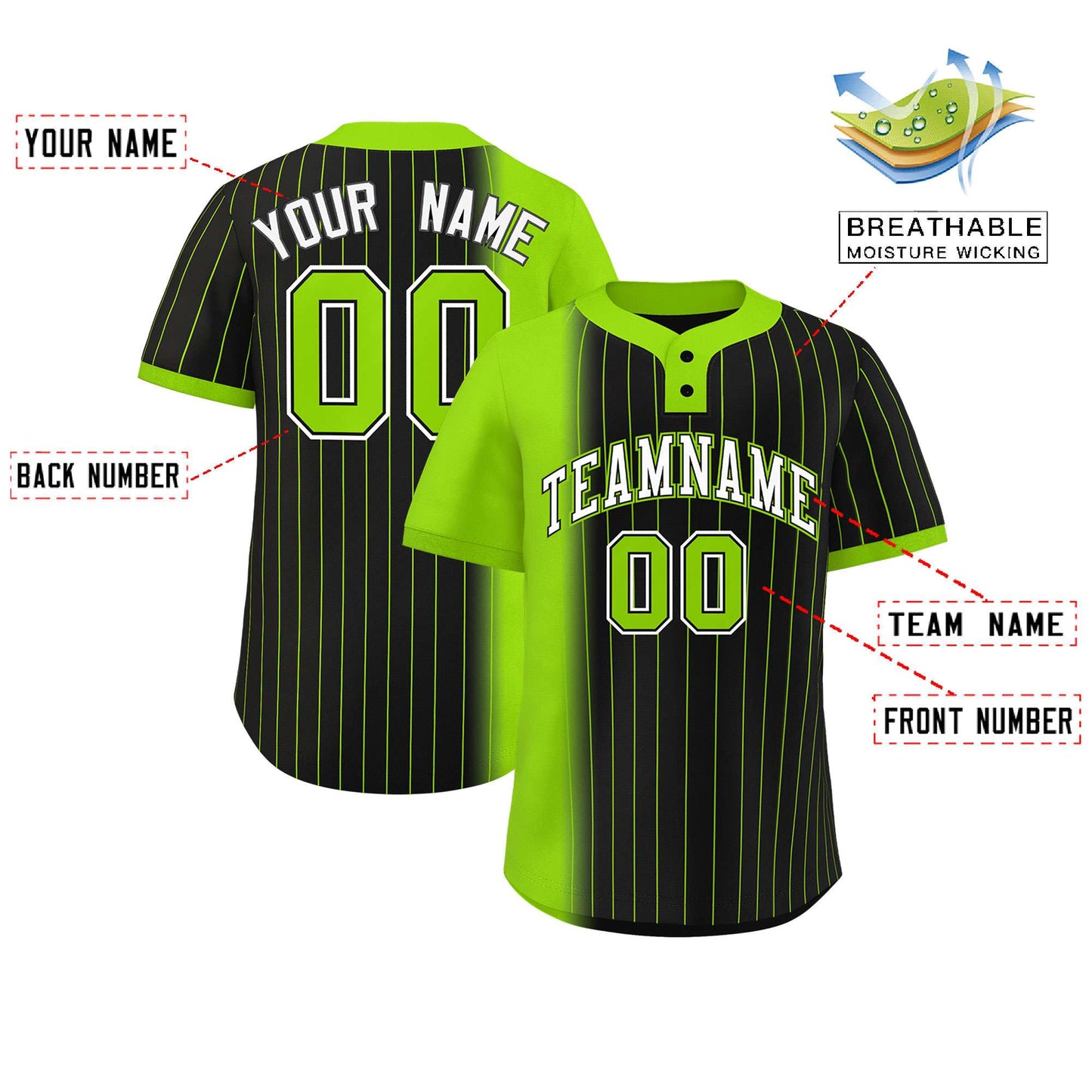 Custom Neon Green Black Gradient Stripe Fashion Authentic Two-Button Baseball Jersey