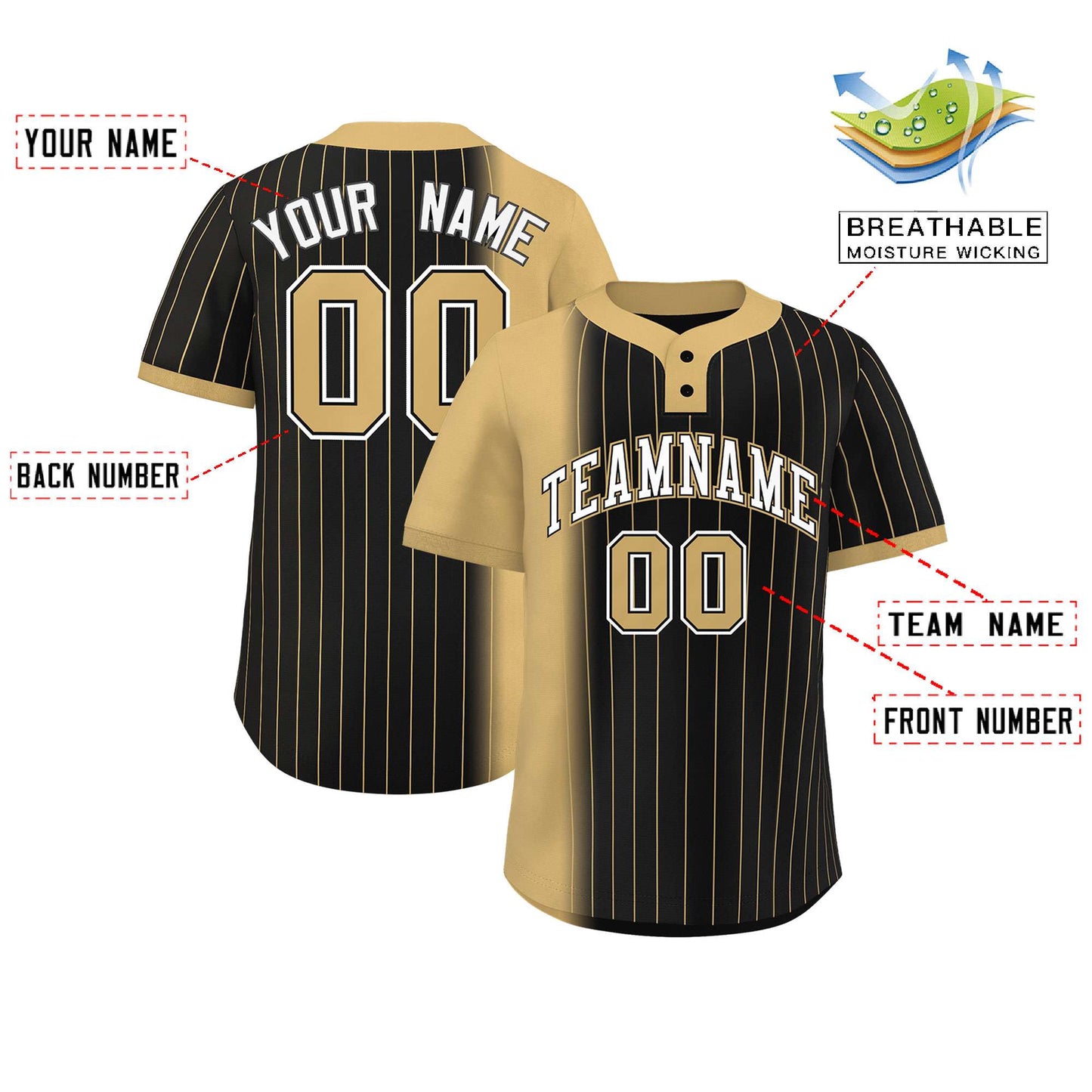 Custom Old Gold Black Gradient Stripe Fashion Authentic Two-Button Baseball Jersey