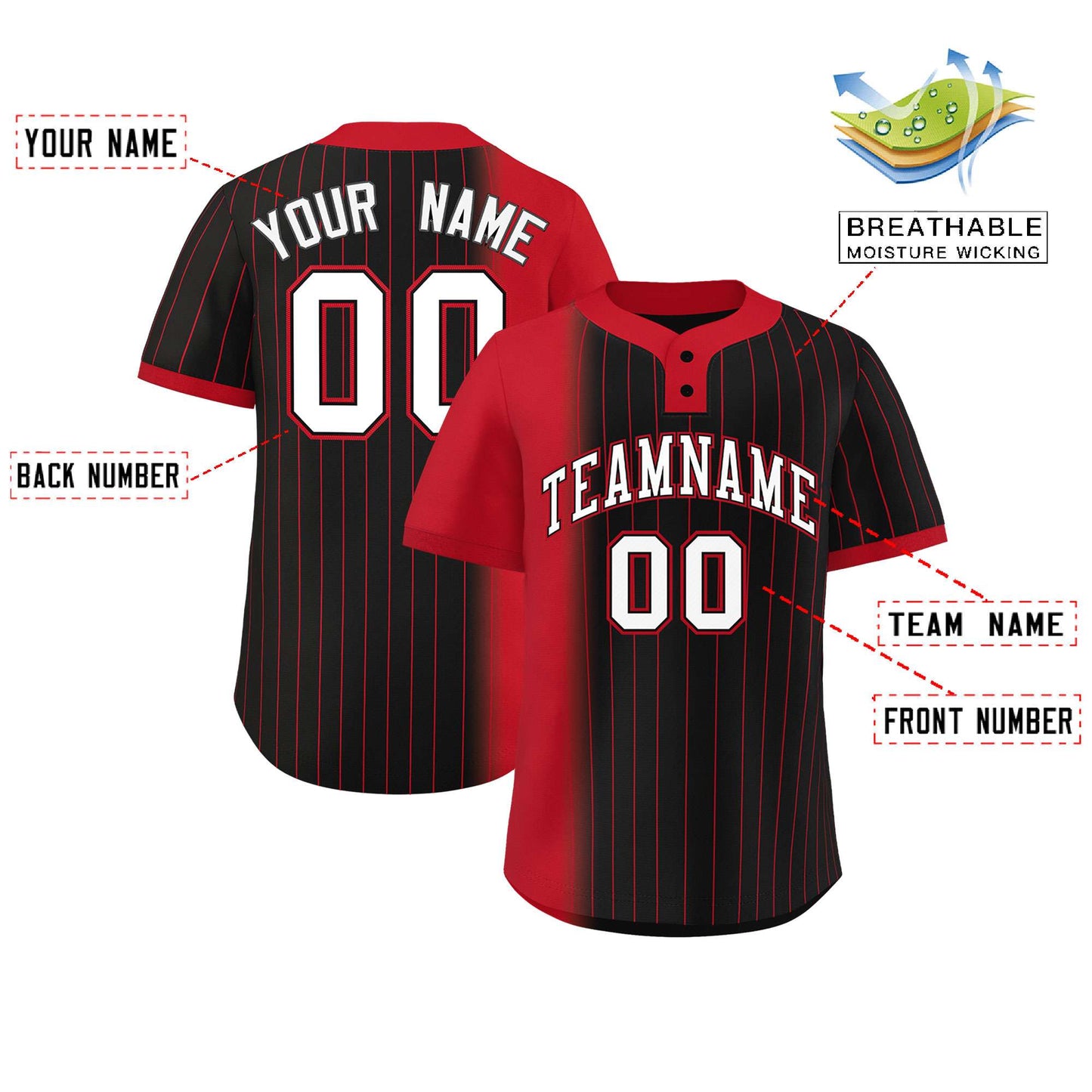 Custom Red Black Gradient Stripe Fashion Authentic Two-Button Baseball Jersey