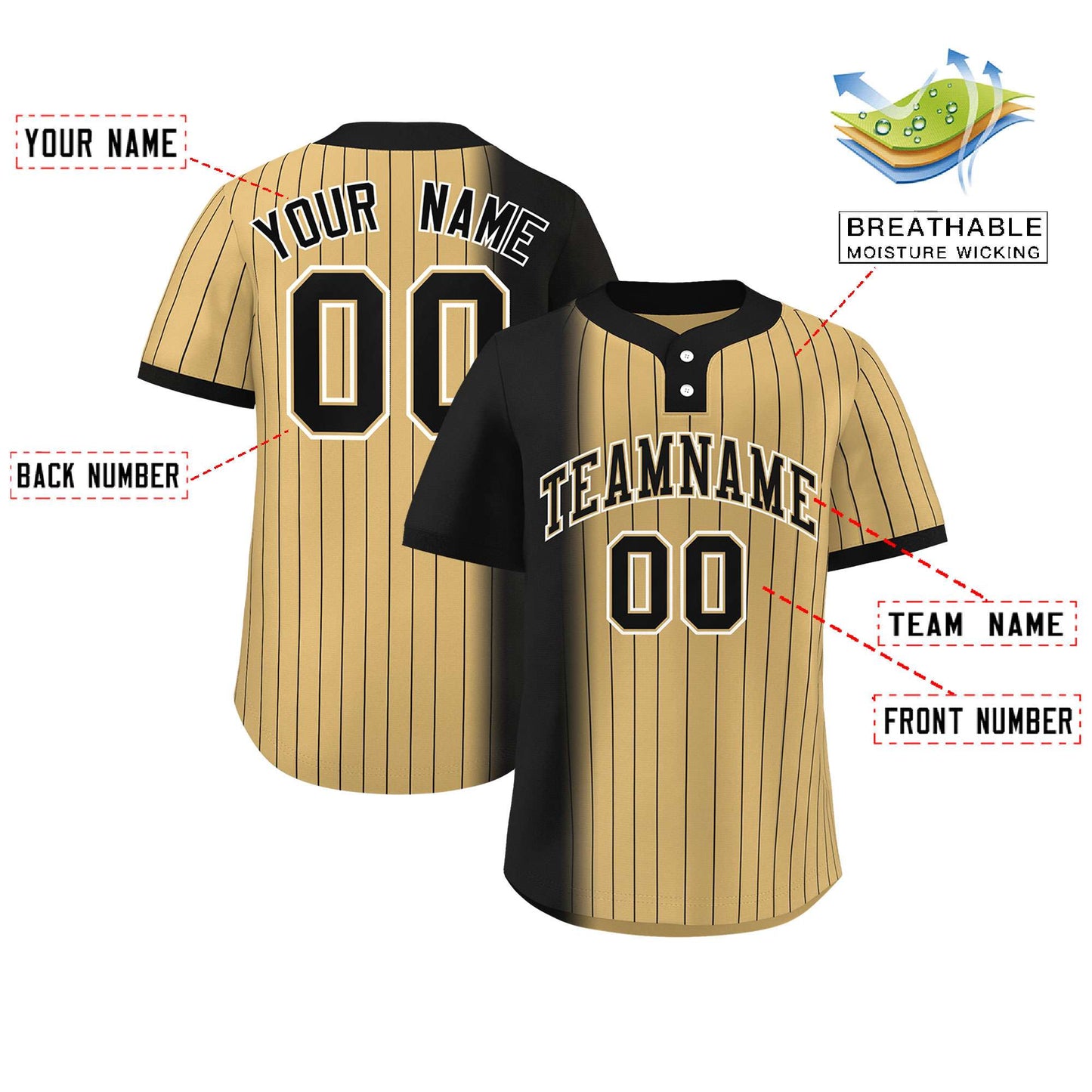 Custom Black Old Gold Gradient Stripe Fashion Authentic Two-Button Baseball Jersey