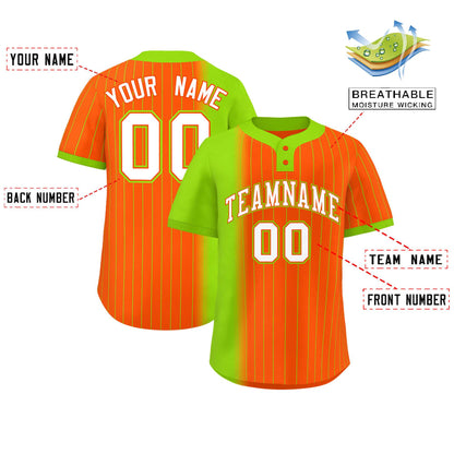 Custom Neon Green Orange Gradient Stripe Fashion Authentic Two-Button Baseball Jersey