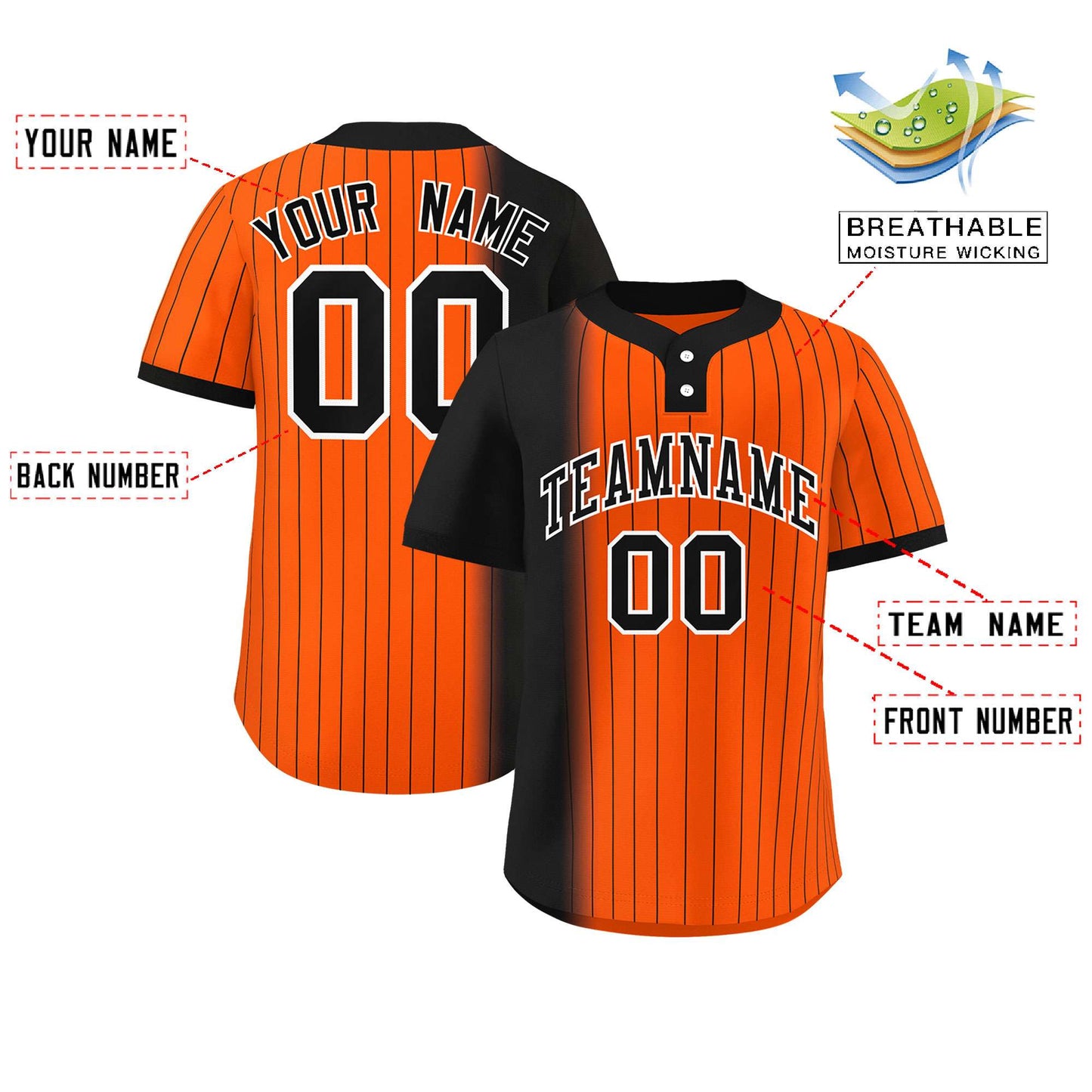 Custom Black Orange Gradient Stripe Fashion Authentic Two-Button Baseball Jersey