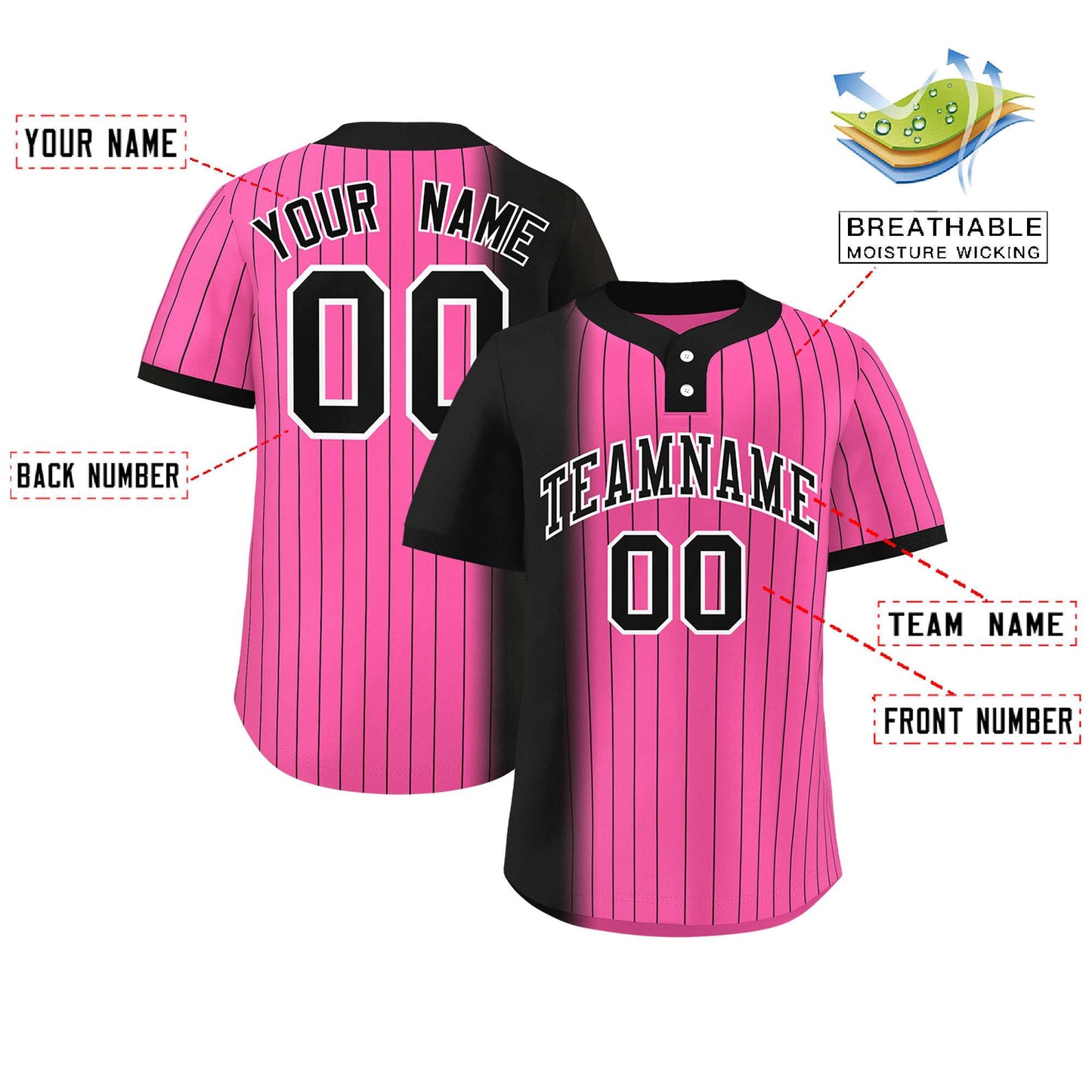 Custom Black Pink Gradient Stripe Fashion Authentic Two-Button Baseball Jersey