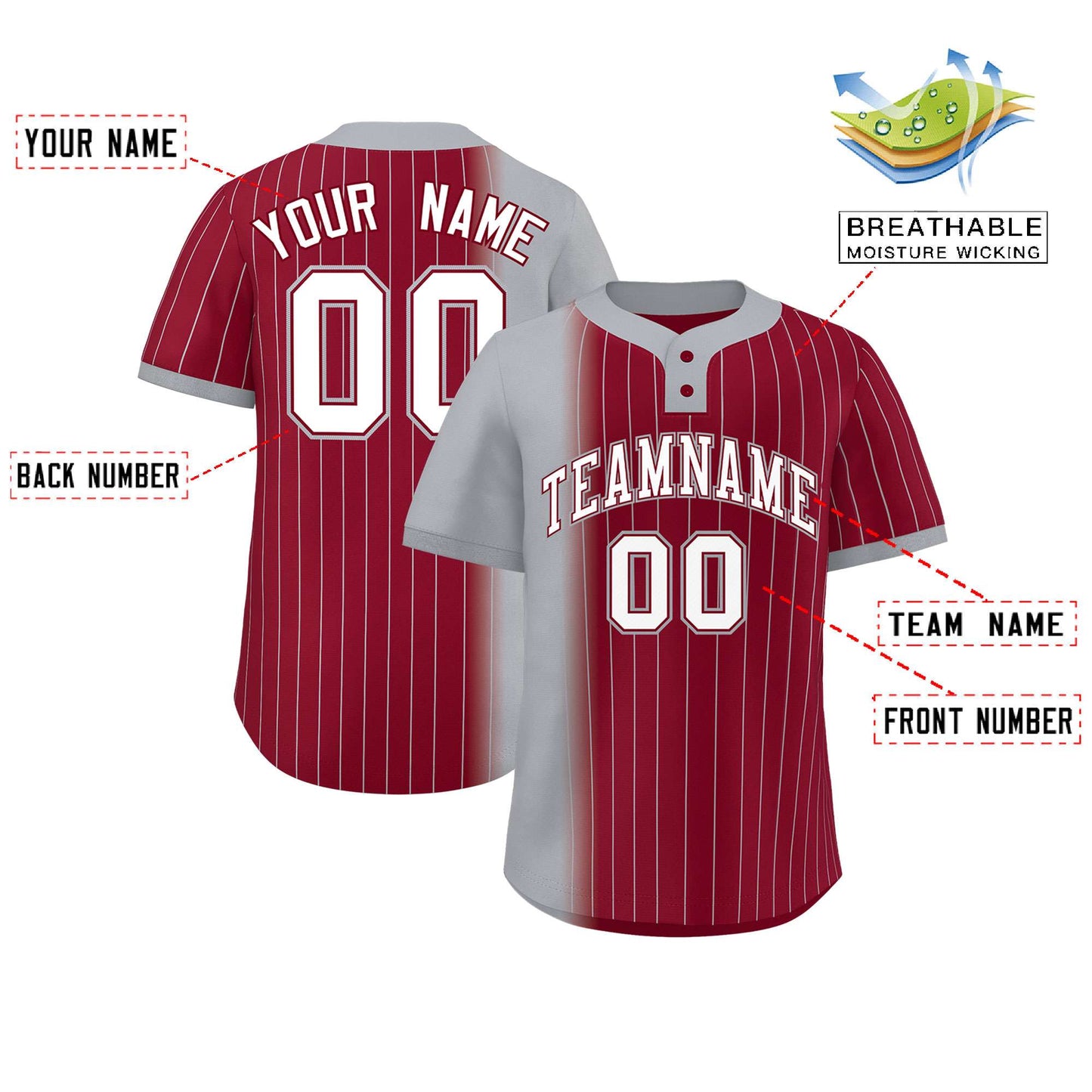 Custom Gray Crimson Gradient Stripe Fashion Authentic Two-Button Baseball Jersey