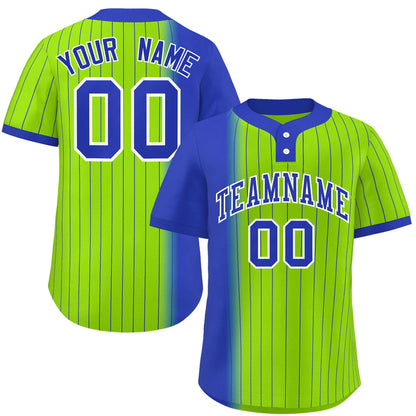 Custom Royal Neon Green Gradient Stripe Fashion Authentic Two-Button Baseball Jersey