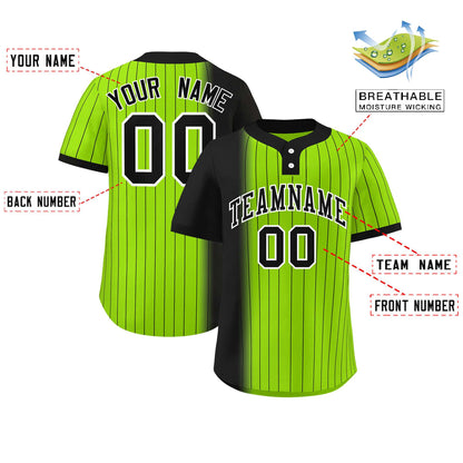 Custom Black Neon Green Gradient Stripe Fashion Authentic Two-Button Baseball Jersey