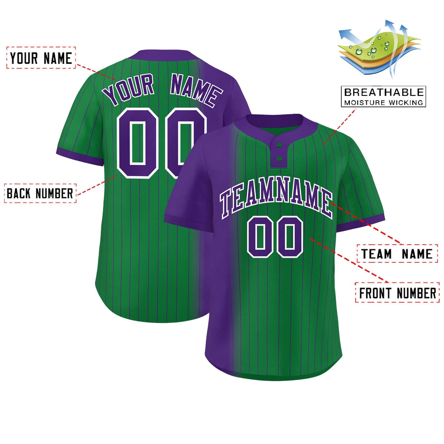 Custom Purple Kelly Green Gradient Stripe Fashion Authentic Two-Button Baseball Jersey