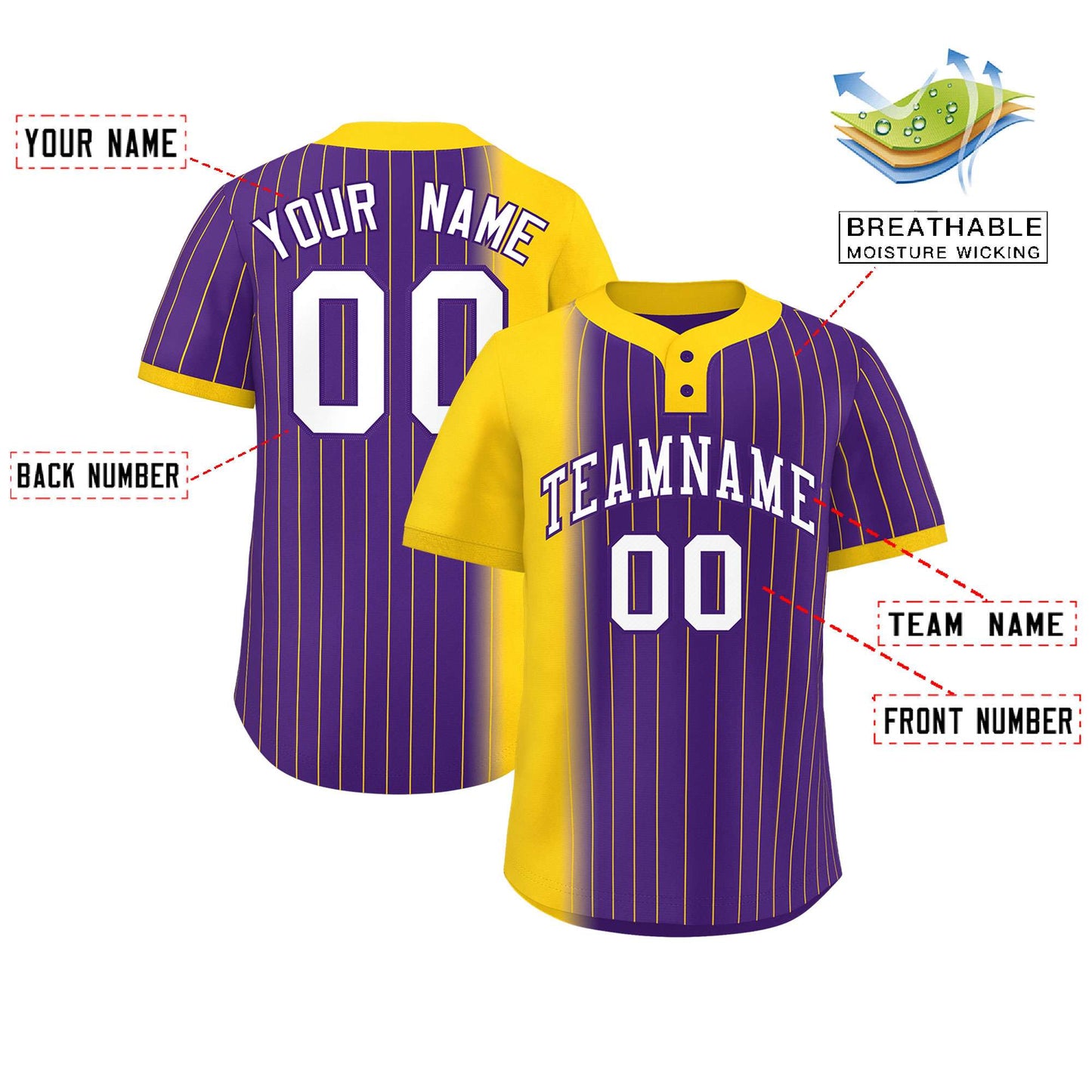 Custom Gold Purple Gradient Stripe Fashion Authentic Two-Button Baseball Jersey