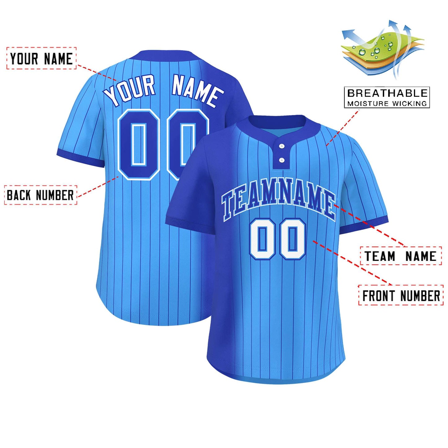 Custom Royal Powder Blue Gradient Stripe Fashion Authentic Two-Button Baseball Jersey