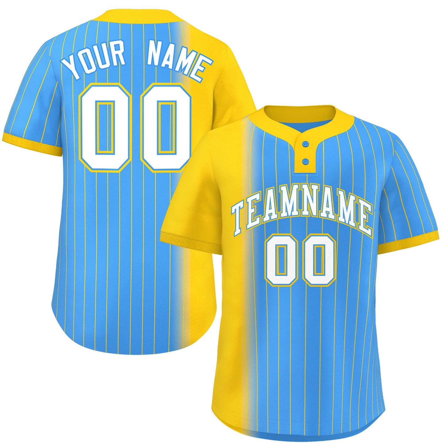 Custom Gold Powder Blue Gradient Stripe Fashion Authentic Two-Button Baseball Jersey