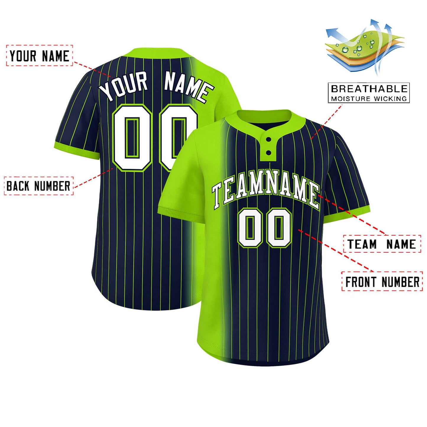 Custom Neon Green Navy Gradient Stripe Fashion Authentic Two-Button Baseball Jersey