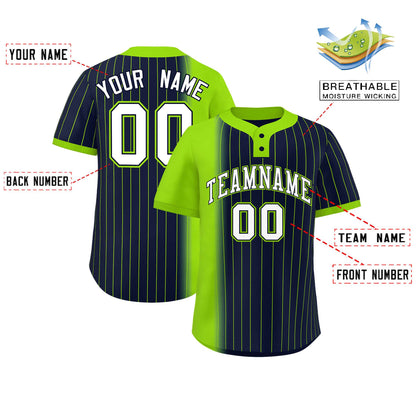 Custom Neon Green Navy Gradient Stripe Fashion Authentic Two-Button Baseball Jersey