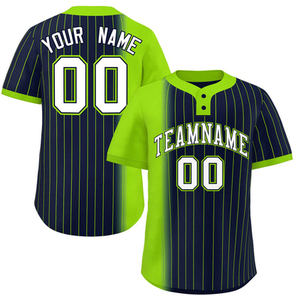 Custom Neon Green Navy Gradient Stripe Fashion Authentic Two-Button Baseball Jersey