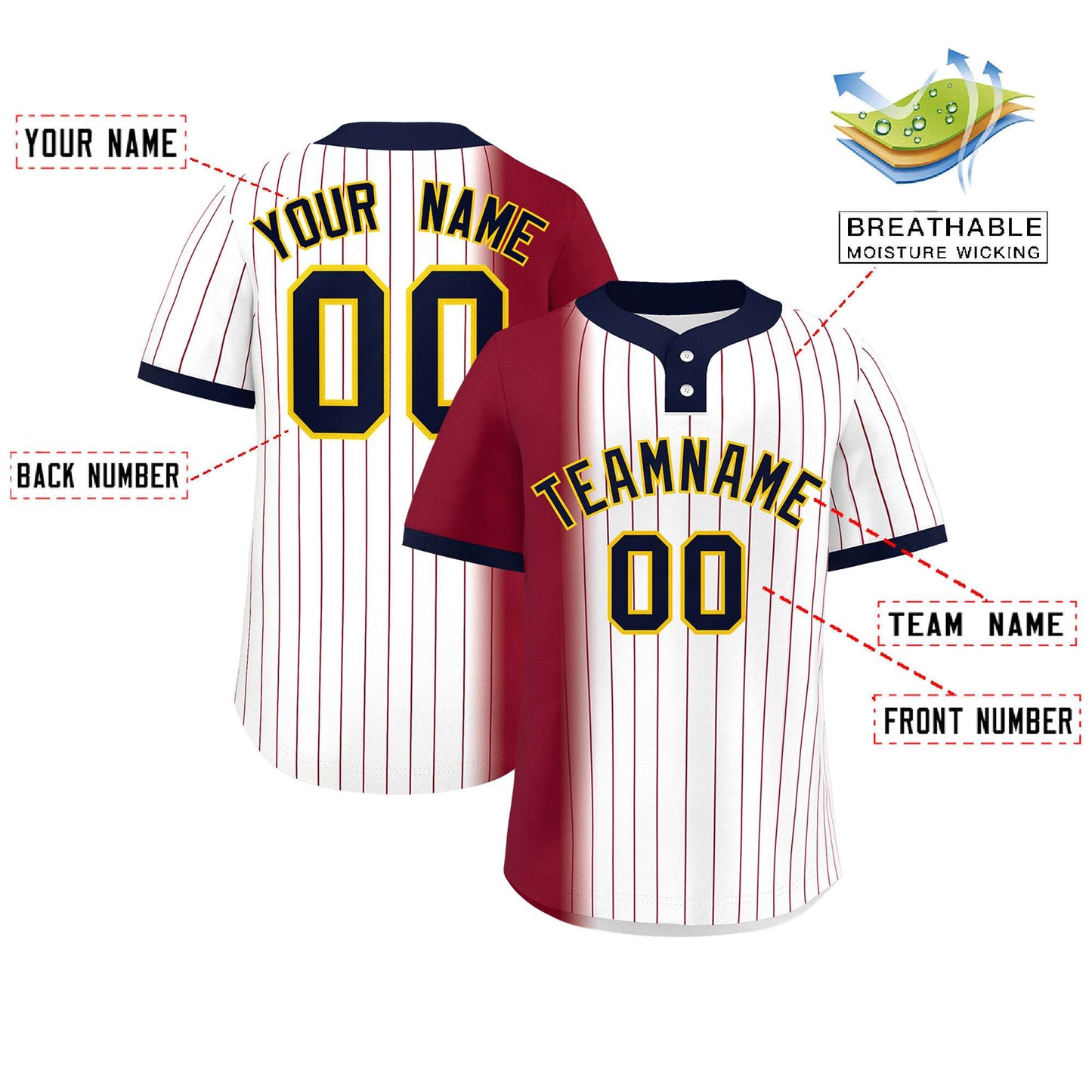 Custom Crimson White-Navy Gradient Stripe Fashion Authentic Two-Button Baseball Jersey