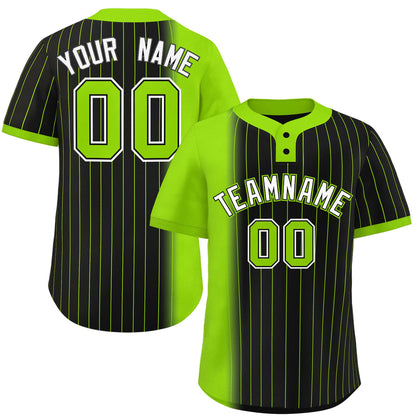 Custom Neon Green Black Gradient Stripe Fashion Authentic Two-Button Baseball Jersey