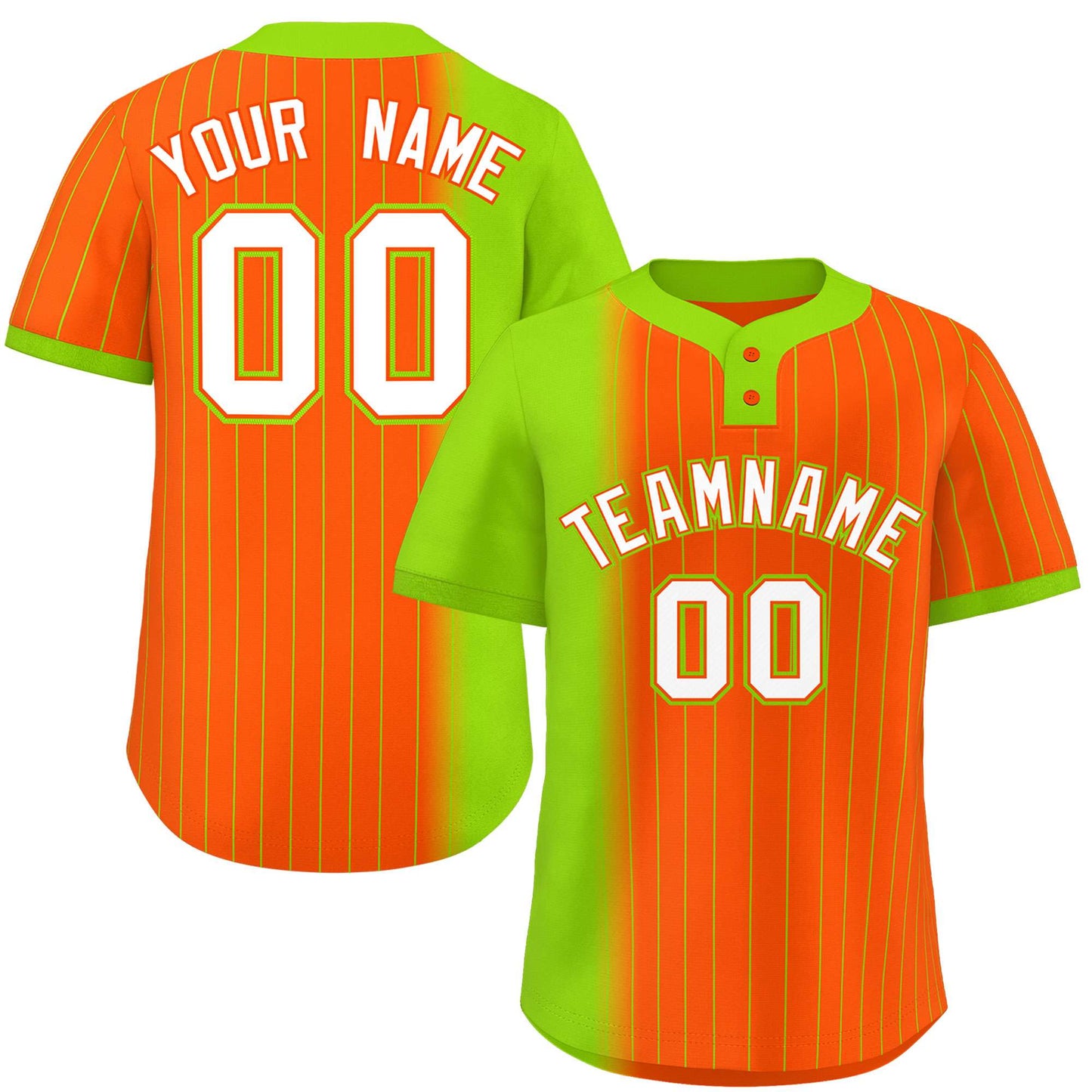 Custom Neon Green Orange Gradient Stripe Fashion Authentic Two-Button Baseball Jersey