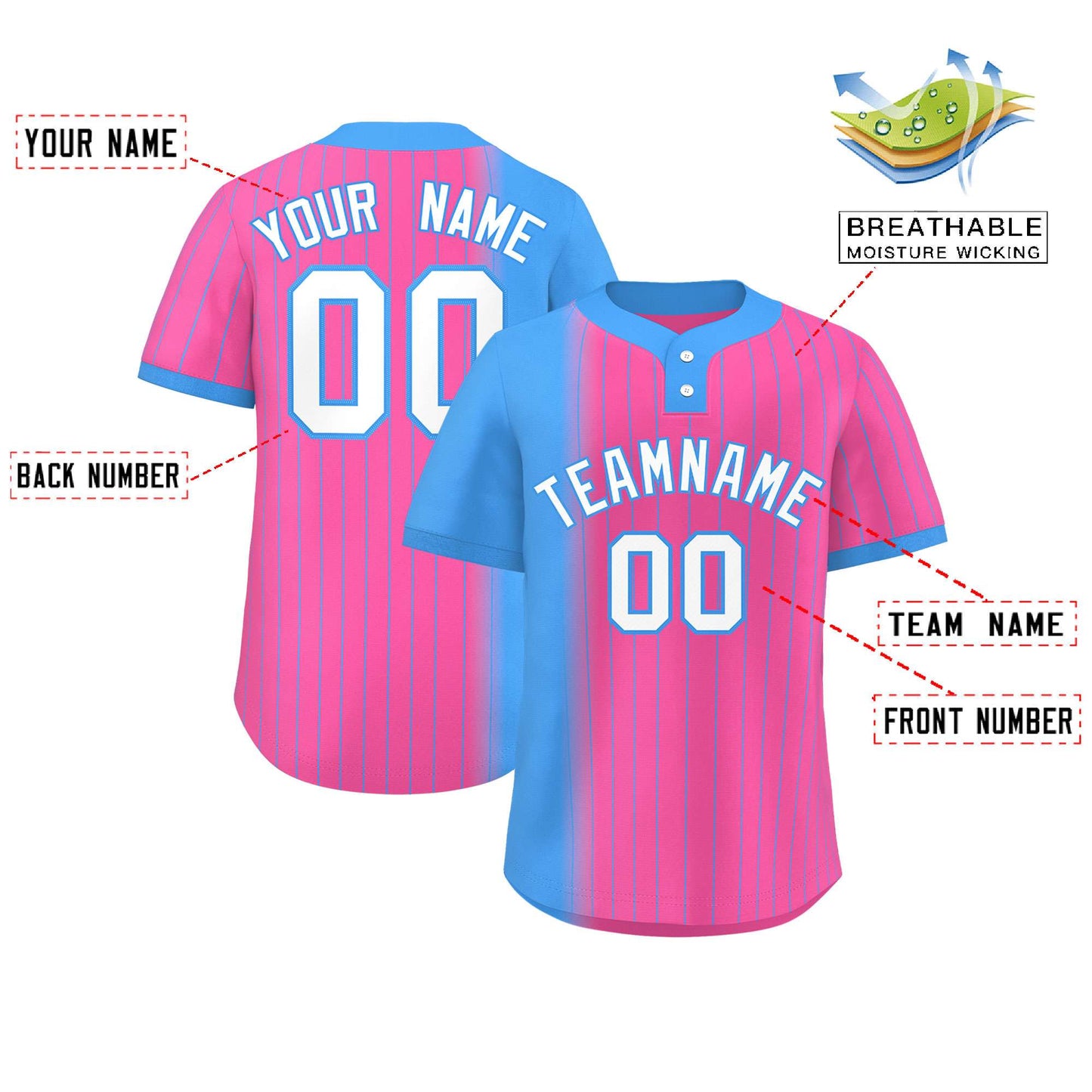 Custom Powder Blue Pink Gradient Stripe Fashion Authentic Two-Button Baseball Jersey