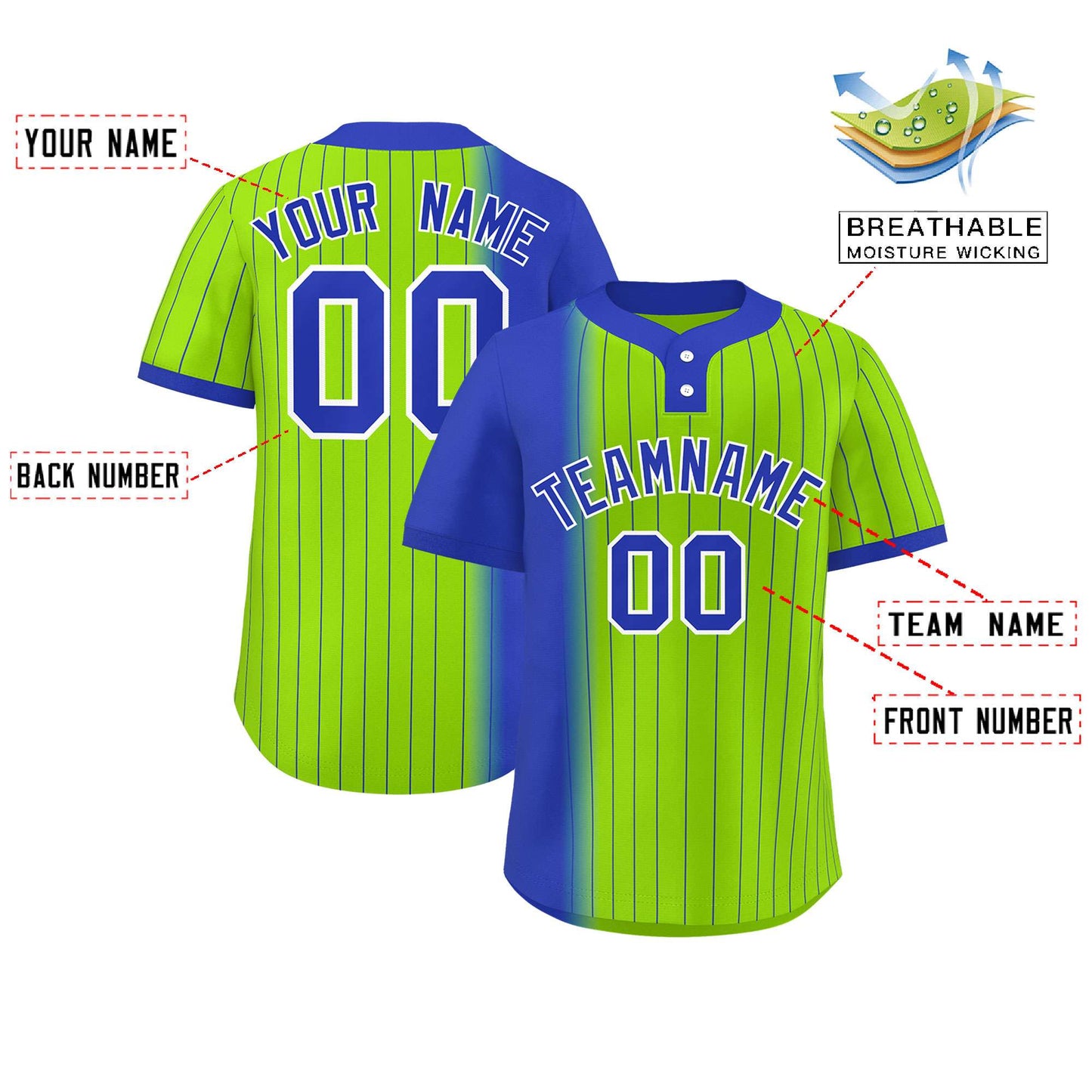 Custom Royal Neon Green Gradient Stripe Fashion Authentic Two-Button Baseball Jersey