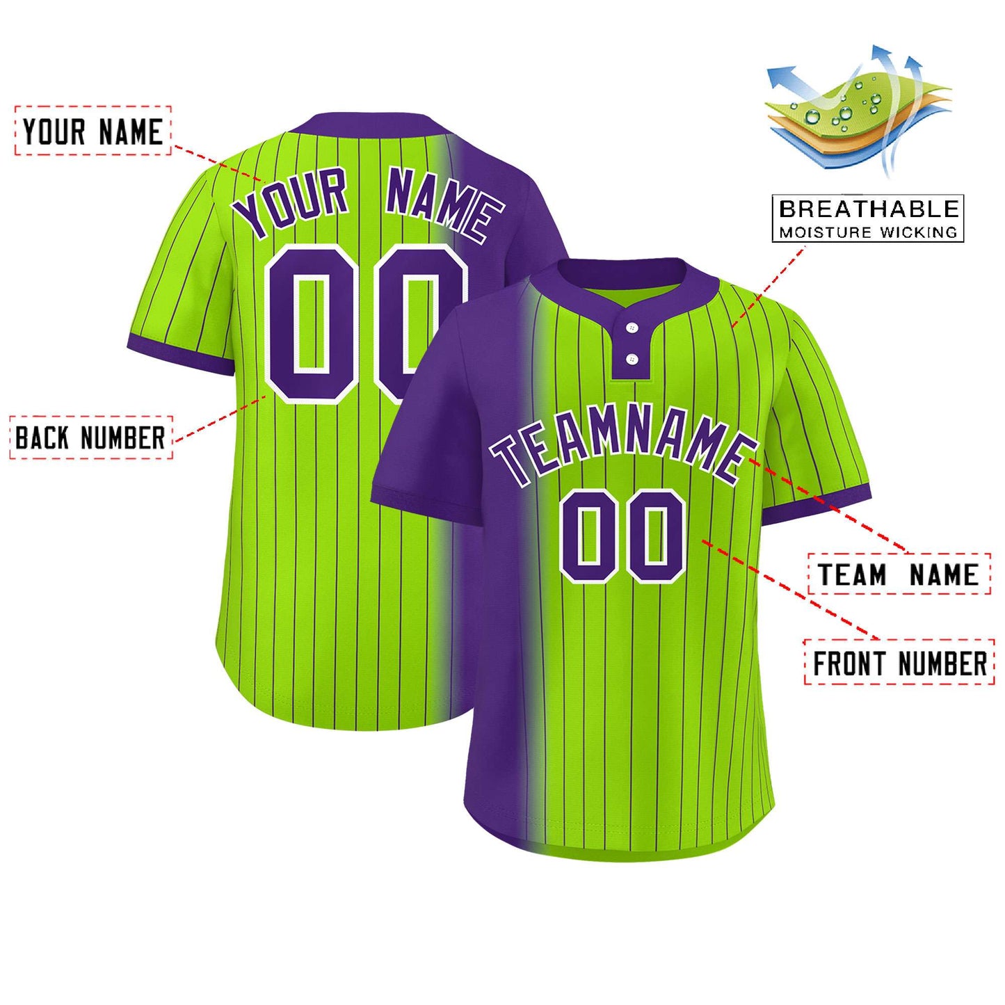 Custom Purple Neon Green Gradient Stripe Fashion Authentic Two-Button Baseball Jersey