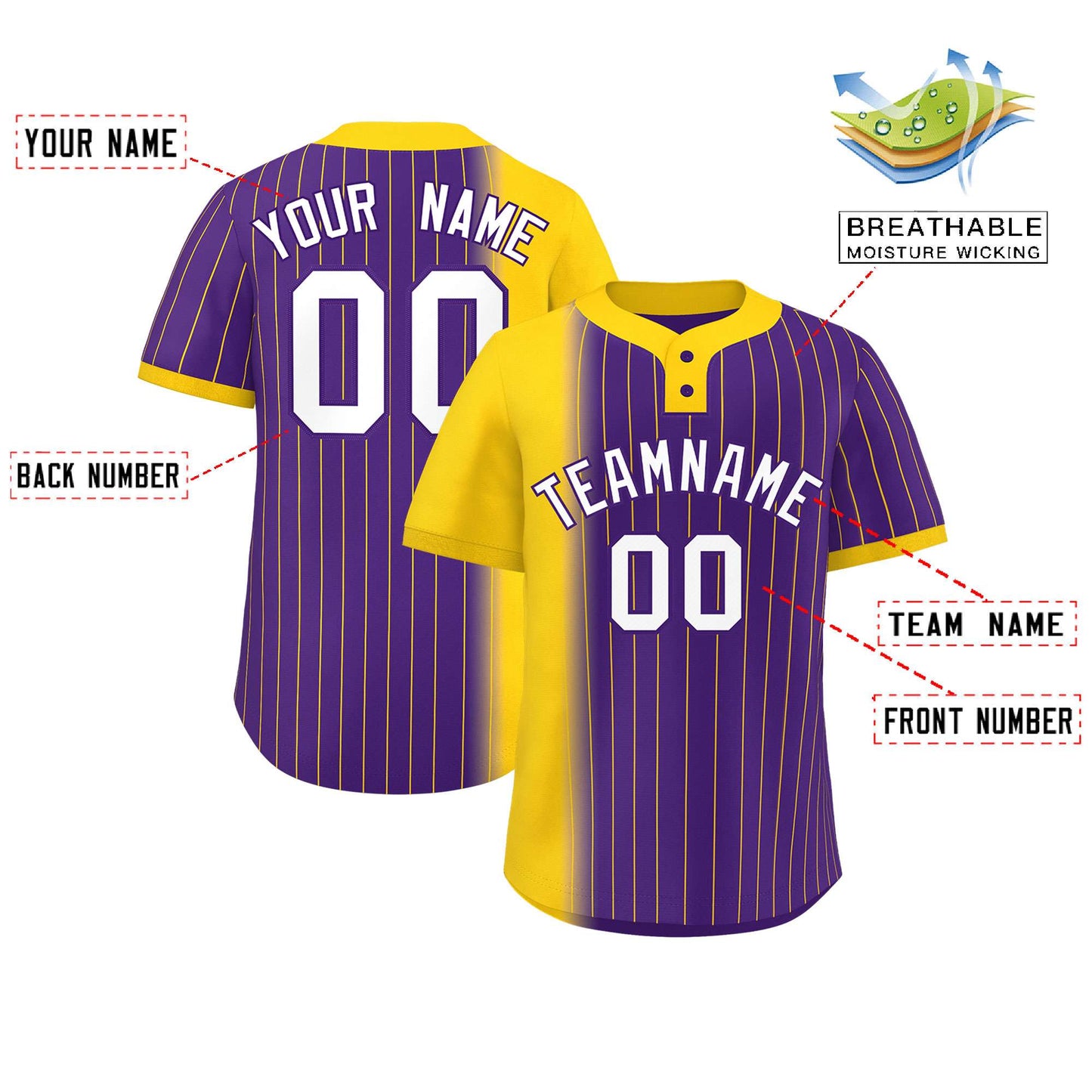 Custom Gold Purple Gradient Stripe Fashion Authentic Two-Button Baseball Jersey