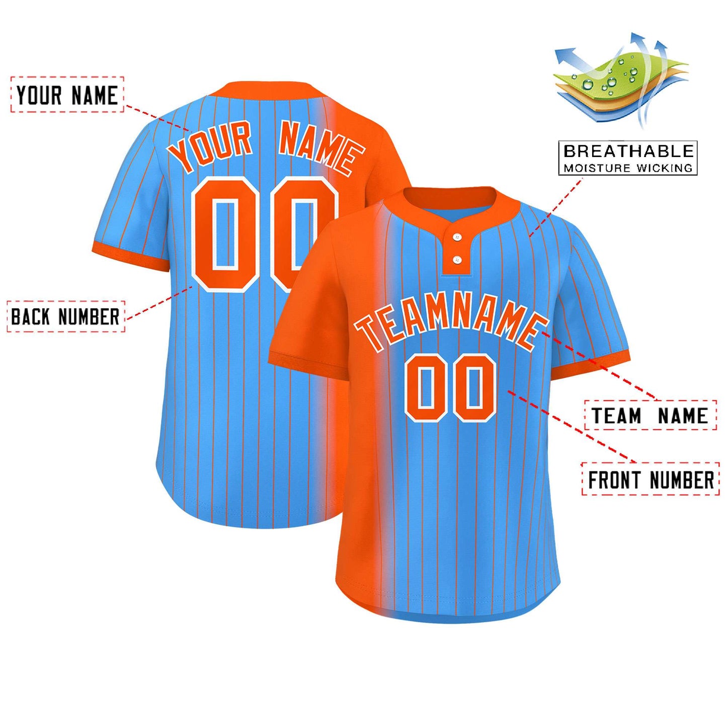 Custom Orange Powder Blue Gradient Stripe Fashion Authentic Two-Button Baseball Jersey