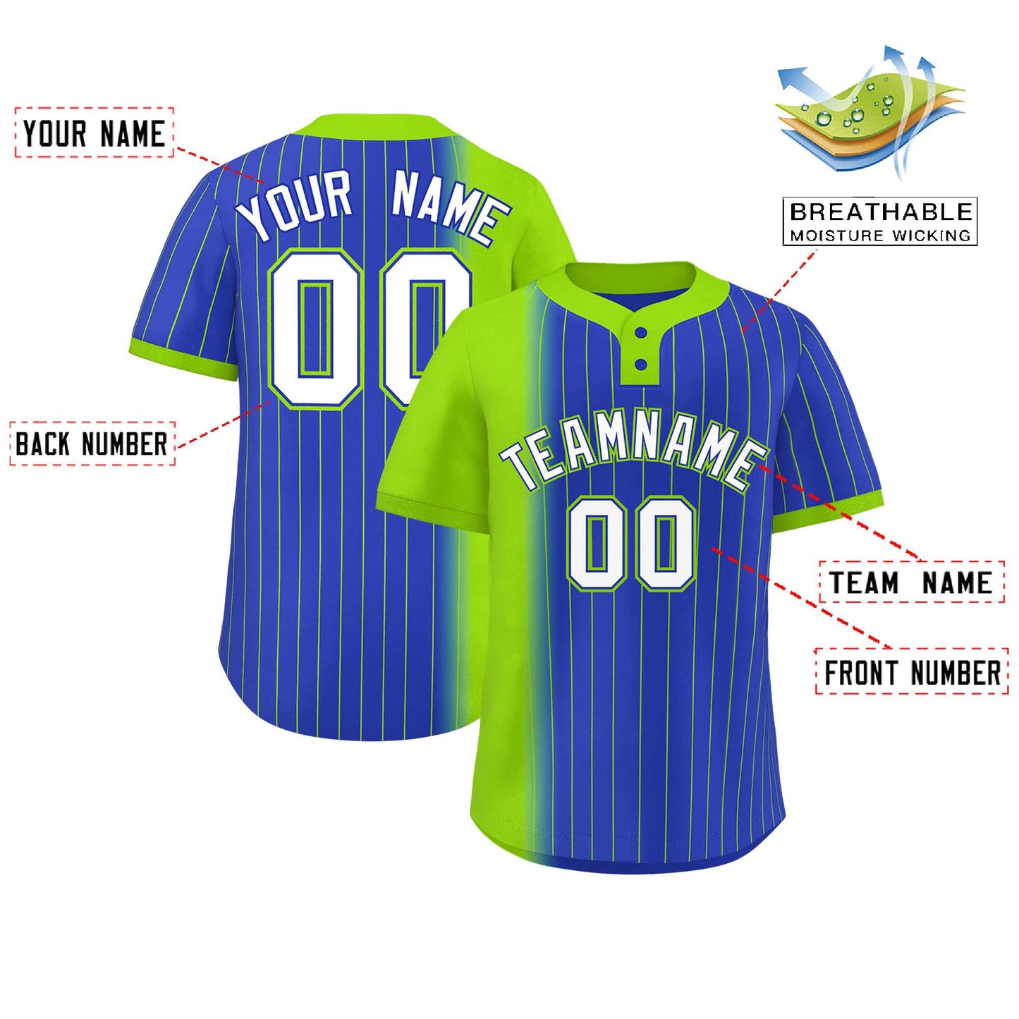 Custom Neon Green Royal Gradient Stripe Fashion Authentic Two-Button Baseball Jersey