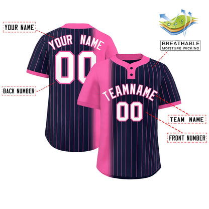 Custom Pink Navy Gradient Stripe Fashion Authentic Two-Button Baseball Jersey