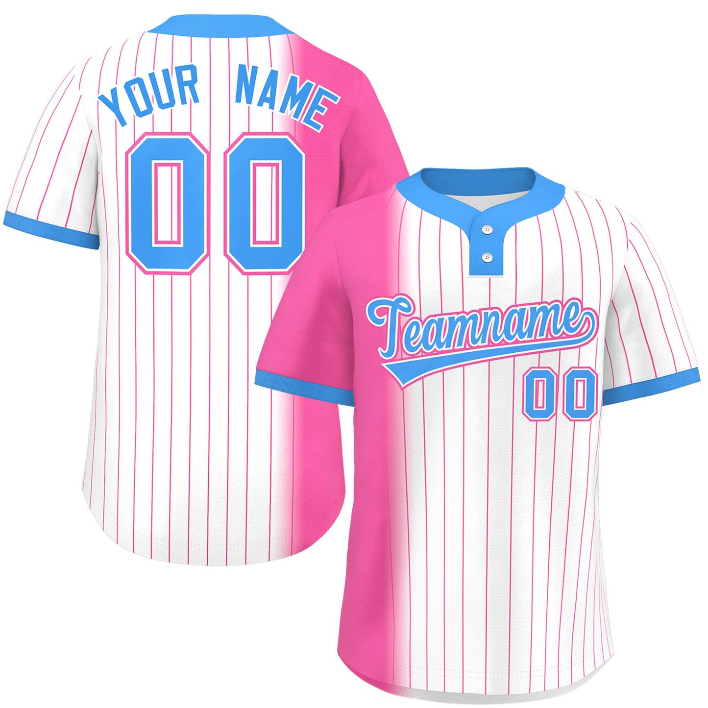 Custom Pink White-Powder Blue Gradient Stripe Fashion Authentic Two-Button Baseball Jersey