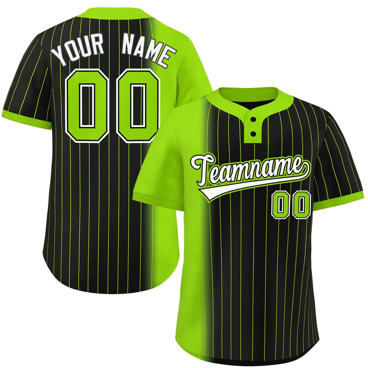 Custom Neon Green Black Gradient Stripe Fashion Authentic Two-Button Baseball Jersey