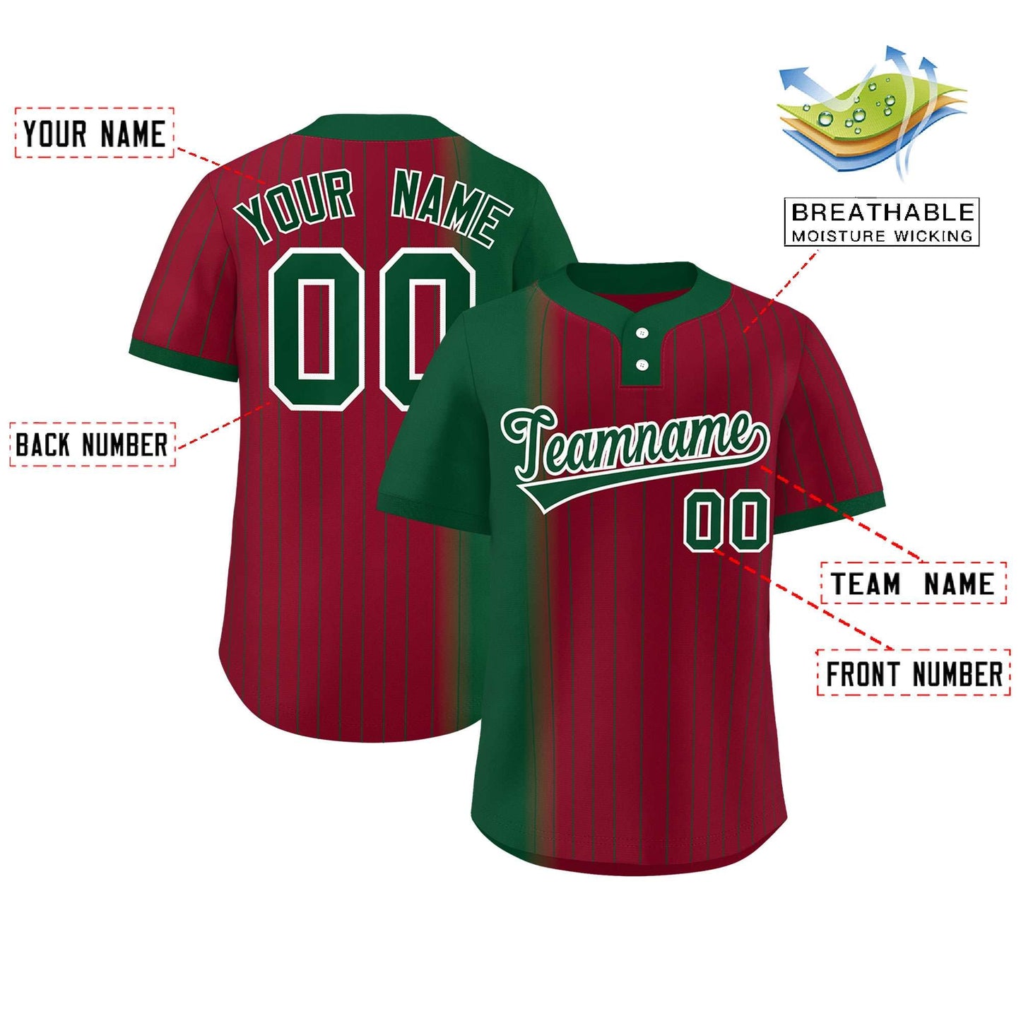 Custom Green Crimson Gradient Stripe Fashion Authentic Two-Button Baseball Jersey